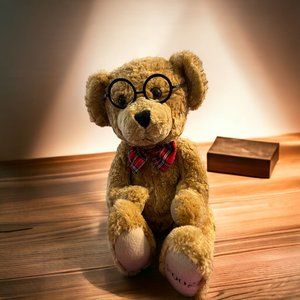 Vintage 2002 Dillards Trimming Stuffed Bear Plush Glasses Red Plaid Bowtie 16" t